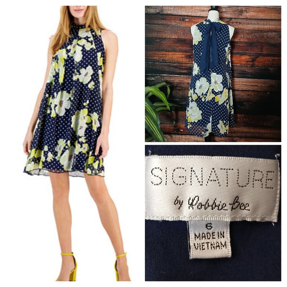 Robbie Bee Shift Dress 6 Navy Dot Floral Chiffon Swing High Neck Tie